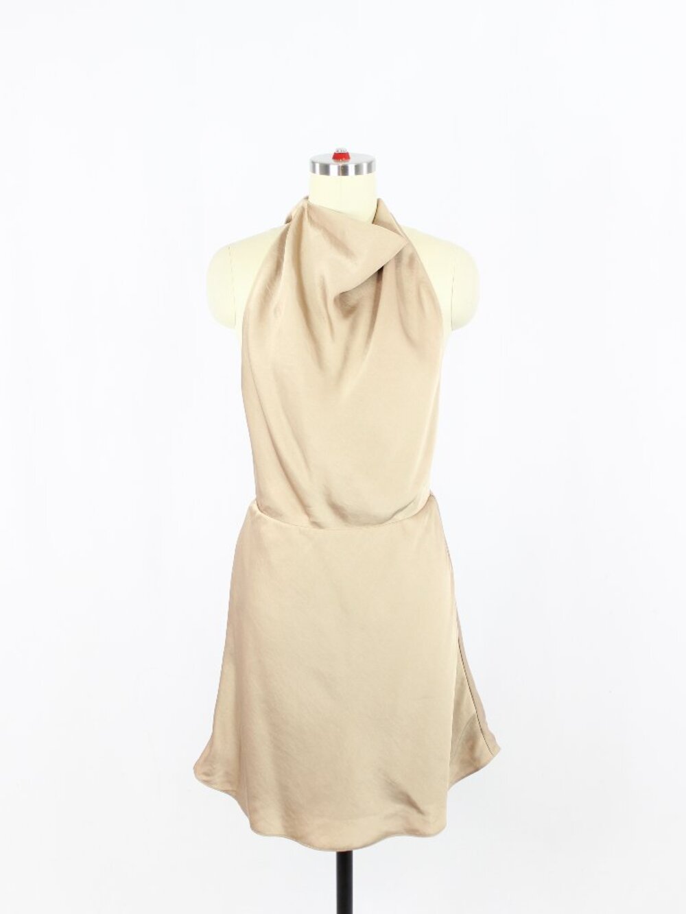 Aritzia WILFRED Feya Beige Satin Ruched Cowl Neck Halter Mini Dress, Size 6